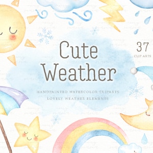 Süßes Wetter Aquarell Clip Arts, Sonne, Mond, Stern, Babyparty, Kinder Clipart, Kinderzimmer Dekor, Kinderzimmer Kunst, Vorhersage, Saisonal, Unisex Baby