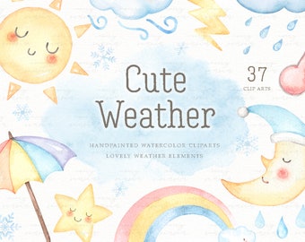 Cute Weather Watercolor Clip Arts, Sun, Moon, Star, Baby Shower, Kids Clipart, Nursery Decor, Nursery Art, Forecast, Seasonal, Unisex Baby