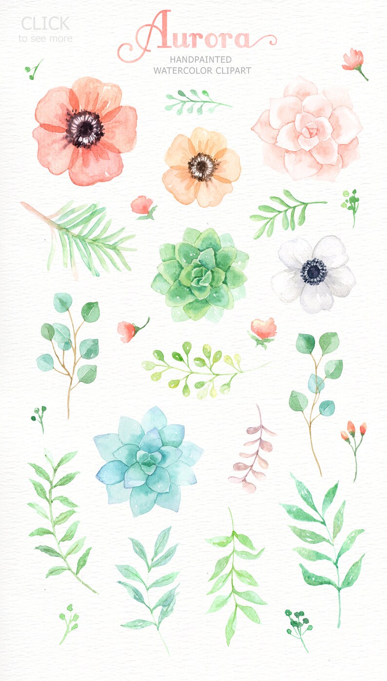 cactus Romantic wedding Aurora Floral Watercolor clipart wedding invitation DIY tender green branches peonies flowers mint green