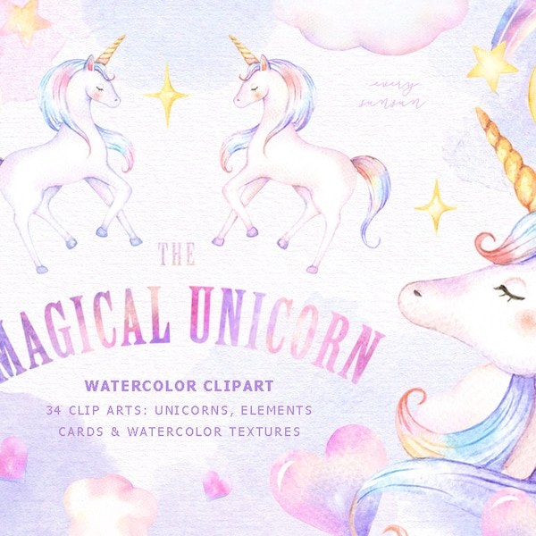 The Magical Unicorn Watercolor Set, Rainbow Clipart, Woodland Animals, Kids Clipart, Nursery Decor, Pastel Watercolor, Magical, Unicorn Star