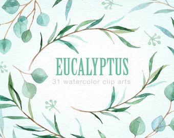 Eucalyptus Leaf Watercolor clipart, Watercolor flower, Watercolour Leaves, Leaf clipart, Wedding Clip Art, wedding invitation, wreath, green