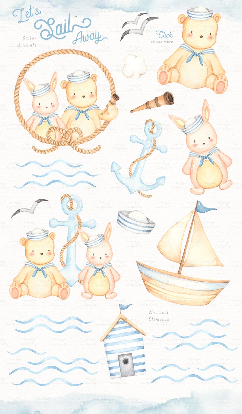 Let's Sail Away Watercolor Clip Arts, Bear, Sailor, Nautical, Woodland Animals, Kids Clipart, Nursery Decor, Boy Room, Kids Art, Nursery Art image 3