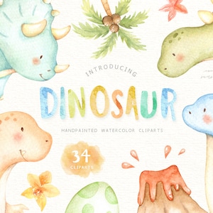 Dinosaur Watercolor Clip Art, T-rex, Safari Animal, Woodland Animals, Kids Clipart, Boho Clipart, Nursery Decor, Nursery Clipart, Tropical image 1