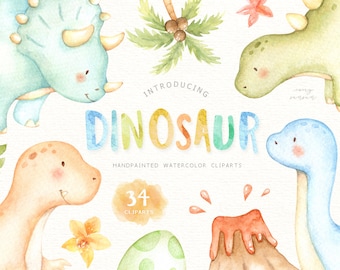 Dinosaur Watercolor Clip Art, T-rex, Safari Animal, Woodland Animals, Kids Clipart, Boho Clipart, Nursery Decor, Nursery Clipart, Tropical