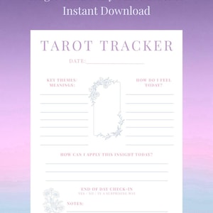 May include: A white tarot tracker printable with a soft purple and pink gradient background. The text "Single Card Daily Tarot Tracker Instant Download" is at the top. The tracker includes sections for date, key themes, feelings, and notes.