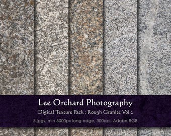 May include: Five digital texture images of rough granite in various shades of gray, brown, and white. The images are 5000 pixels wide and 300 dpi. "Lee Orchard Photography" and "Digital Texture Pack: Rough Granite Vol 2" are printed at the bottom of the image.