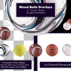Peut inclure: Cinq ballons de sport différents, dont un ballon de football, un ballon de baseball, un ballon de basket-ball, une balle de tennis et un ballon de rugby, sont représentés sur un fond à damiers blanc et noir. Les ballons sont tous légèrement usés et ont un aspect vieilli. Le texte "Mixed Balls Overlays" et "5 'Used' Balls (No ground Shadow)" est affiché au-dessus des ballons.