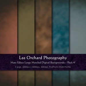 Puede incluir: Cinco fondos digitales con un efecto moteado y borroso en tonos de marrón, verde, azul y gris. Los fondos tienen 6000 píxeles por 4000 píxeles y 300 ppp. El texto "Lee Orchard Photography" y "Matt Effect Large Mottled Digital Backgrounds - 'Pack 4'" se muestra en la parte inferior de la imagen.