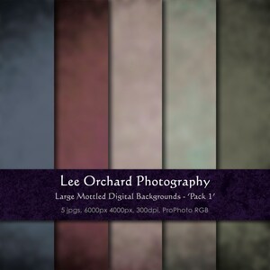 Puede incluir: Una colección de fondos digitales grandes y moteados en varios colores, incluyendo tonos de azul, burdeos, beige y verde. La imagen incluye el texto "Lee Orchard Photography" y detalles sobre el paquete de fondos.
