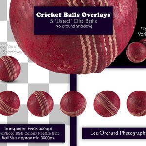 May include: A collection of five used cricket balls with red leather and white stitching. The image includes a large ball and several smaller balls, with text overlayed that reads "Cricket Balls Overlays".