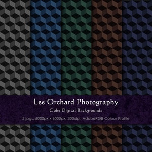 May include: A set of digital backgrounds with a repeating cube design. The backgrounds are in shades of grey, blue, green, brown, and navy. The text "Lee Orchard Photography" and "Cube Digital Backgrounds" is visible.