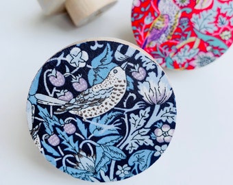 Liberty of London Strawberry Thief Wooden Knob, Round Knobs, Drawer Pull. Available in a range of fabrics. William Morris Print