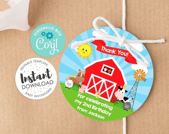 Editable farm favor tag, farm favor tags, editable thank you tag, editable tag, farm party favor tag, old mcdonald, barnyard birthday tag