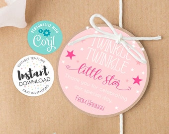 Twinkle twinkle little star favor tag, Twinkle Twinkle Little Star baby shower, Twinkle star thank you cards, editable favor tag, girl star