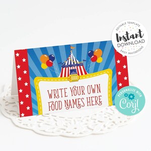 Circus food labels, Carnival Food sign, editable food cards, circus party, circus labels, editable food tents, editable food labels