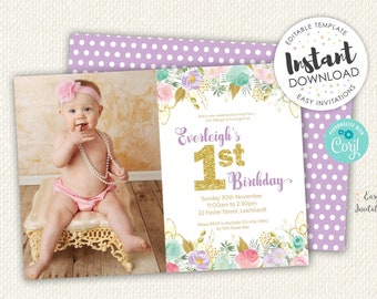 Editable 1st Birthday Invitation, 1st birthday invitation girl, editable birthday invitation, editable 1st birthday invitation, first invite