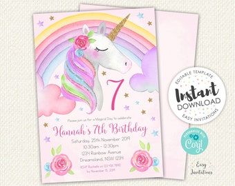 Editable unicorn invitation, Unicorn birthday invitation, Unicorn Invitation, unicorn invite, editable invitation, editable invite