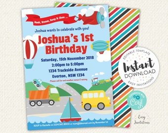 Transportation party invitation, Transportation Birthday Invitation, Transportation invitation, Transport invitation, editable, party invite