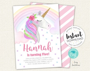 Unicorn Birthday Invitation, Unicorn Invitation, unicorn party invitation, editable unicorn birthday invitation, unicorn invitation instant