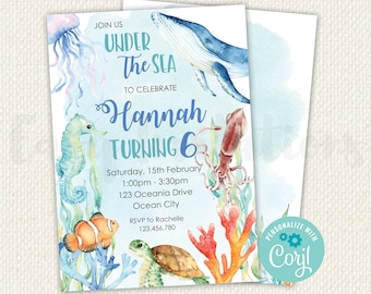 Editable Under The Sea Invitation, Under The Sea Invitation, editable invitation, ocean invitation, sea invitation, whale, squid, turtle