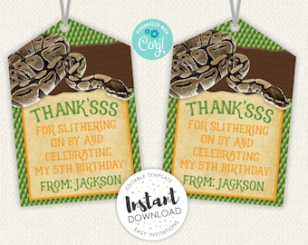 Snake Party, Snake Favor Tags, Snake Birthday Party, Snake Thank You, Reptile Party Favor Tags, editable favor tag, editable thank you tag