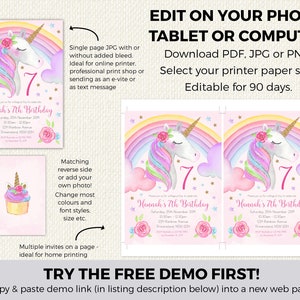 Editable unicorn invitation, Unicorn birthday invitation, Unicorn Invitation, unicorn invite, editable invitation, editable invite image 2