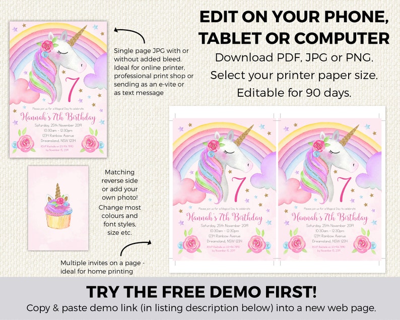 Editable unicorn invitation, Unicorn birthday invitation, Unicorn Invitation, unicorn invite, editable invitation, editable invite image 2