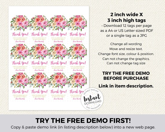 Download Free Floral Favor Tags Birthday Favour Tags Floral Thank You Etsy SVG Cut Files