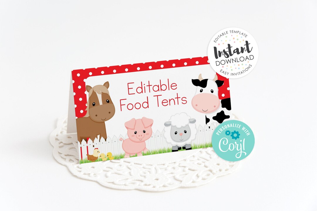 Farm Food Labels, Farm Place Card, Editable Food Labels, Farm Birthday