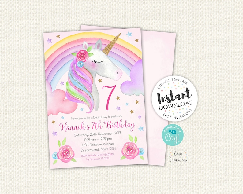 Editable unicorn invitation, Unicorn birthday invitation, Unicorn Invitation, unicorn invite, editable invitation, editable invite image 1