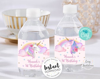 Unicorn Bottle Labels, Unicorn Bottle Sticker, Unicorn Water Bottle Labels, unicorn party labels, unicorn party, unicorn birthday, editable