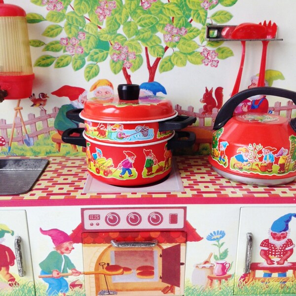Reserved for Marie Vintage 1970s GNOMES tin metal toy kitchen stove
