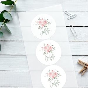 Glänzende weiße Aufkleber, Aquarell Rose, Konfetti Hochzeitsaufkleber, Konfetti-Aufkleber, Konfetti-Etikett, Aufkleber für Hochzeiten