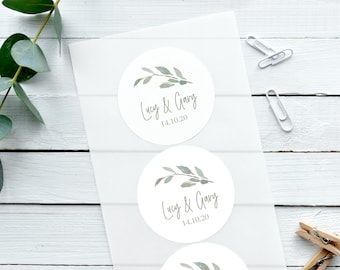 Biodegradable Glossy White Stickers Watercolour Leaf Personalised Wedding Sticker Confetti Sticker, Favour Stickers