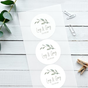 Glänzende weiße Aufkleber, Aquarell Blatt, personalisierte Hochzeitsaufkleber, Konfetti-Aufkleber, Hochzeitsaufkleber