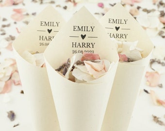 Handcrafted Personalised Love Story Wedding Confetti Cones - Ivory, White, Kraft