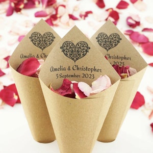 Handcrafted Personalised Ornate Heart Wedding Confetti Cones - Ivory, White, Kraft
