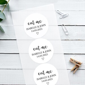 Glänzende weiße Hochzeitsaufkleber, Essen Sie mich romantisch, personalisierte Aufkleber, Hochzeitsbevorzugungsaufkleber, Süßigkeitswarenkorbaufkleber, kundenspezifische Aufkleber