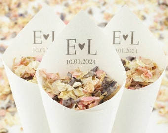 Handcrafted Personalised Enchanting Initials Wedding Confetti Cones - Ivory, White, Kraft