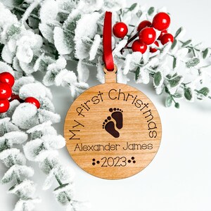 Personalised Laser Engraved Christmas Bauble with Satin Ribbon Wooden Bauble Footprints Baby's First Christmas New Baby Gift