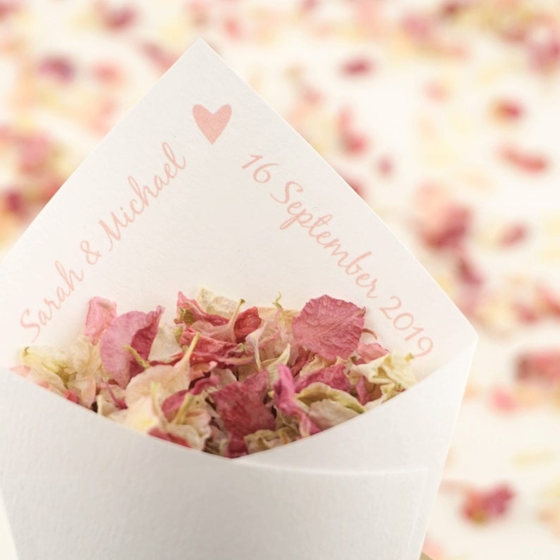 Ivory Kraft White Handcrafted Personalised Love Heart Wedding Confetti Cones /& Delphinium Petal Confetti Bundle