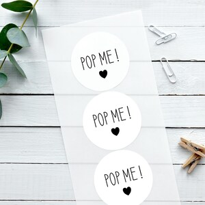 Glänzende weiße Aufkleber, Pop Me! Niedliches Herz, Hochzeitssticker, Hochzeitssticker, Konfetti Sticker