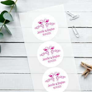 Glänzende weiße Hochzeitsaufkleber, Liebesvögel, personalisierte Aufkleber, Hochzeitsbevorzugungsaufkleber, kundenspezifische Aufkleber