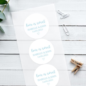 Glänzende weiße Hochzeitsaufkleber, Romantische Liebe ist süß, personalisierte Aufkleber, Hochzeitsbevorzugungsaufkleber, Süßigkeitswarenkorbaufkleber, kundenspezifische Aufkleber