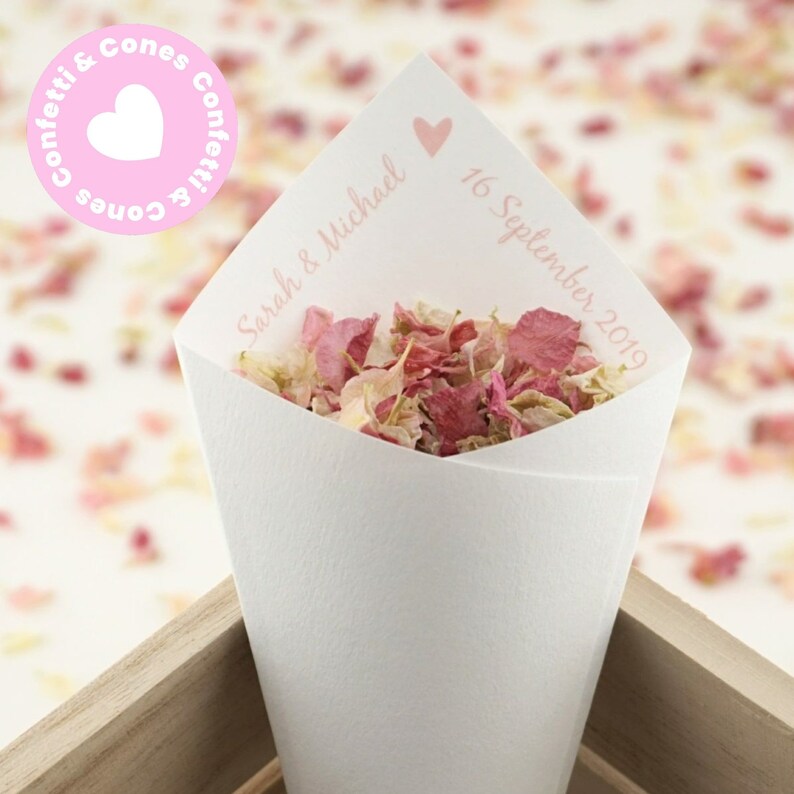 Ivory Kraft White Handcrafted Personalised Love Heart Wedding Confetti Cones /& Delphinium Petal Confetti Bundle