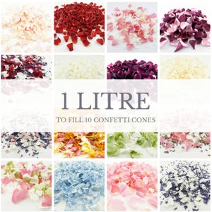 May include: Assortment of 12 different colors of flower petals, each shown in a 1-liter bag. The petals are perfect for confetti cones and are shown in a collage of 12 images. The text "1 LITRE TO FILL 10 CONFETTI CONES" is displayed in the center of the collage.