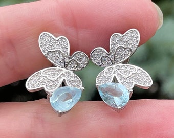 Fancy Butterfly Earrings Sky Blue Topaz and Pave Cubic Zirconia 925 Sterling Silver