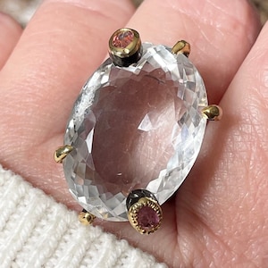 Natural Big 34ct Oval Crystal Quartz Pink Tourmaline Size 7.5 Ring 925 Silver Sterling / huge handmade vintage style cocktail ring