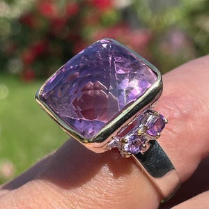 Big Natural 30ct Square Rose de France Amethyst Ring Sz 8.25 Sterling Silver Gold / large cathedral statement cocktail ring