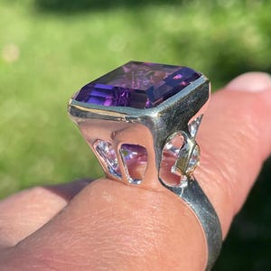 Large Natural 23ct Square Purple Amethyst Topaz Ring Sz 9.25 Sterling Silver Gold / big cathedral statement cocktail ring